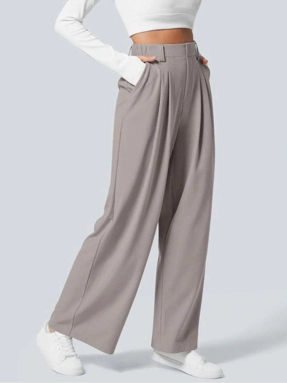 Halara Flex High Waisted Pocket Wide Leg Waffle Pants Size Large Tall Gray Work